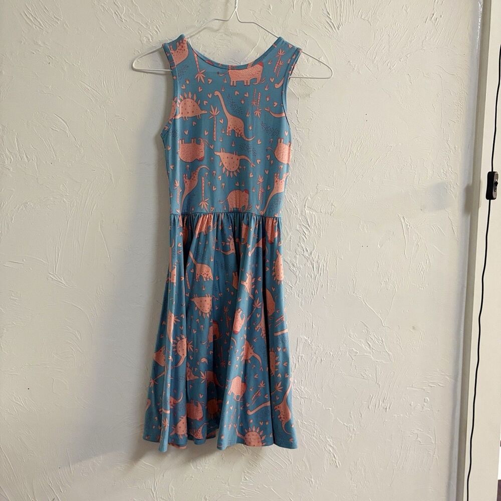 Dot Smile Girls Sleeveless Blue With Pink Dinosaurs Twirl Dress 8/10
